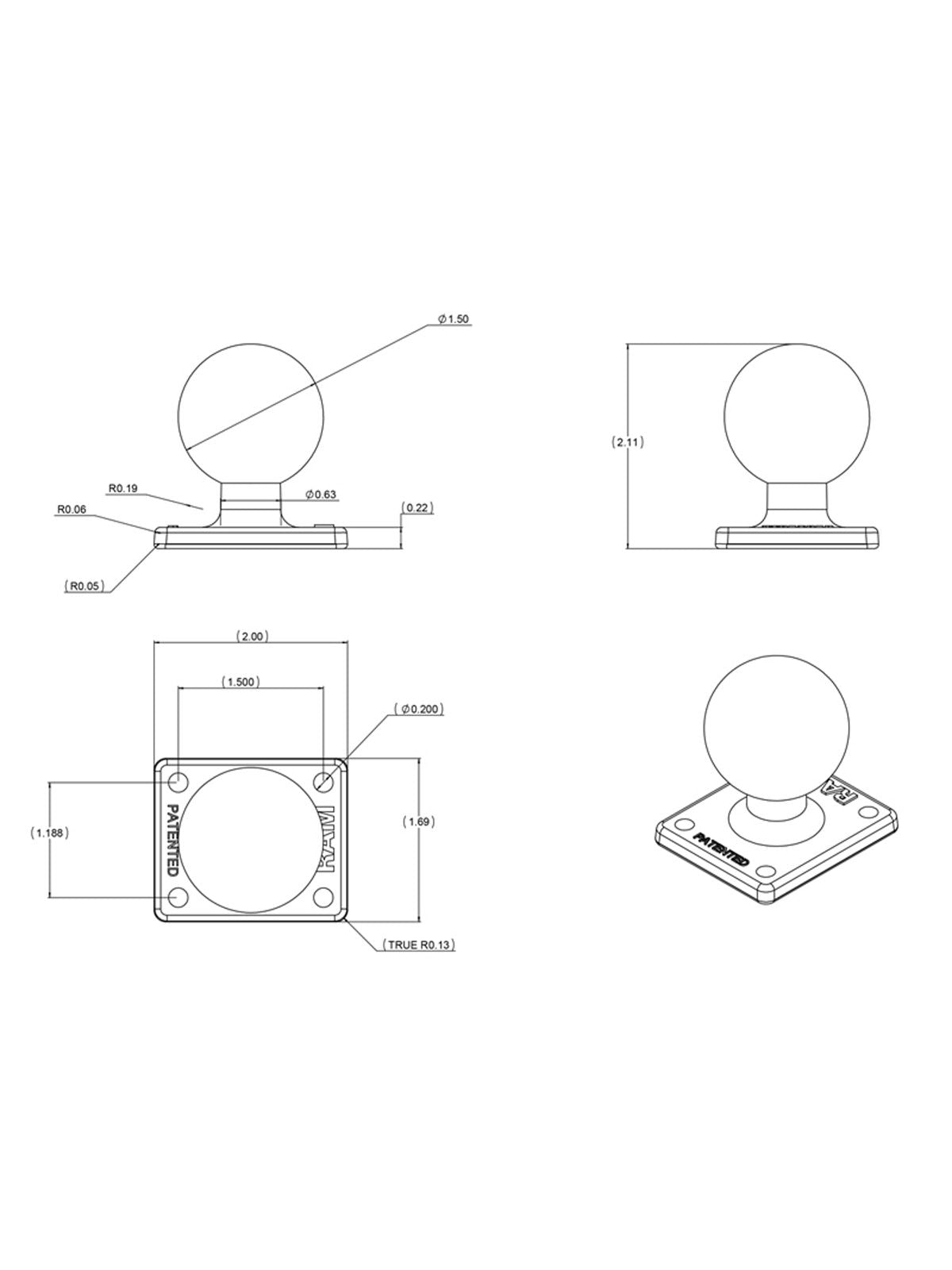 RAM MOUNTS RECHTECKIGE BASISPLATTE (AMPS) C-KUGEL (1,5 ZOLL)