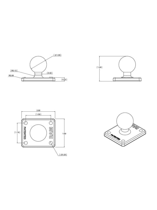 RAM MOUNTS BASISPLATTE RECHTECKIG  B-KUGEL (1 ZOLL) AMPS-LOCHRASTER